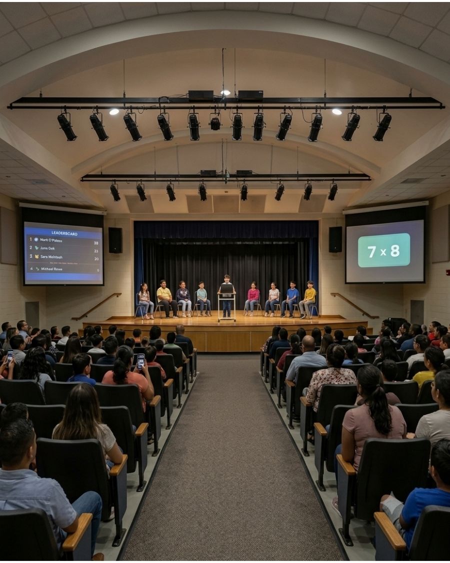 Students competing in a Multiplication Bee on an auditorium stage